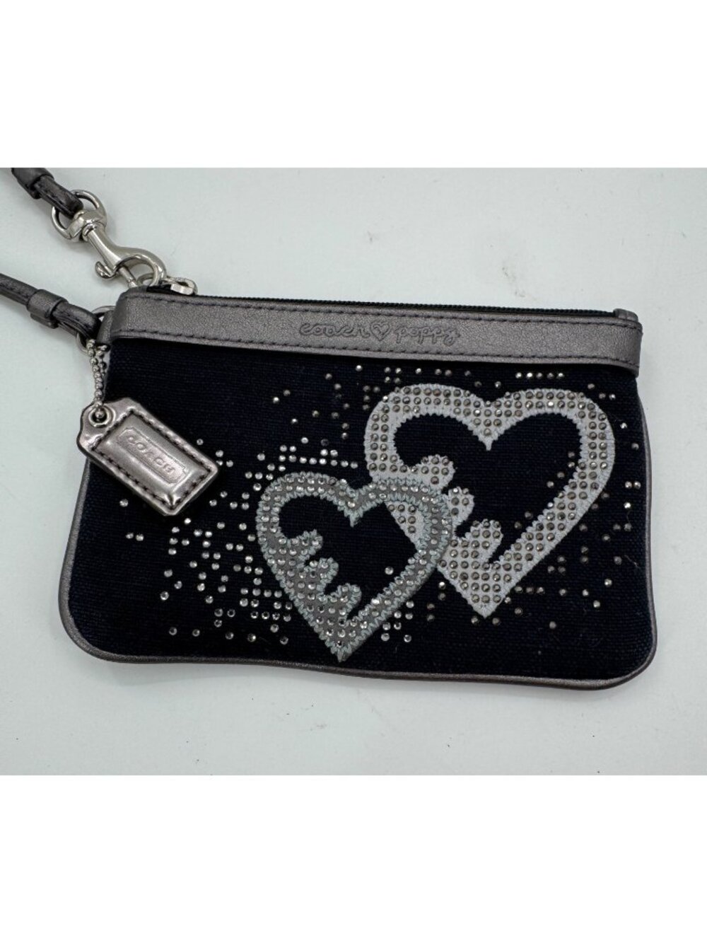 Coach Poppy Black Wristlet With Silver Glitter Hearts & Metallic Trim - 6x4 Inch